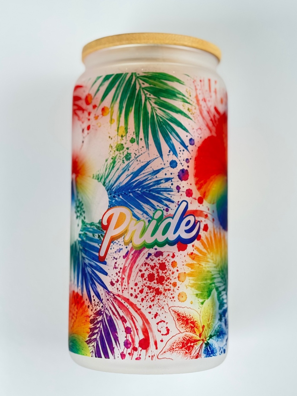 Pride Tropical 16 Oz Glass Tumbler - Vibrant Rainbow Design